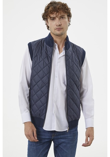 Fermuarlı Yarım Balıkçı Önü Kapitone Triko Yelek - Lacivert 001