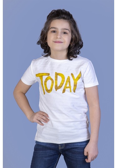 Toontoy Erkek Çocuk Örgü Kumaş Detaylı Today Baskılı Tişört Ekru