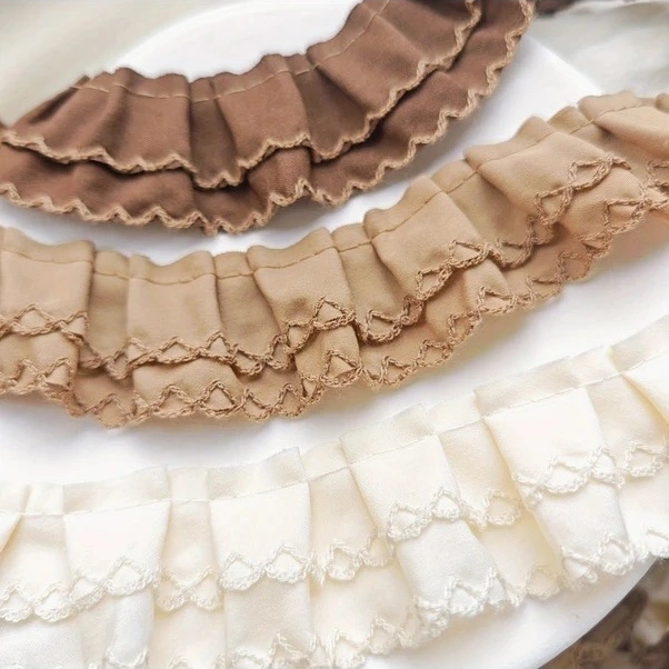 Trendooze Gaojunshop01 Koyu Kahverengi 4 Cm Çift Kat Fırfırlı Dantel Trimi Kumaş Şeridi
