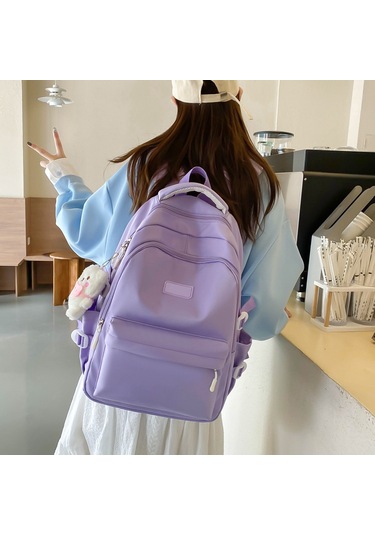 Relaxed High-end Moda Düz Renk Sırt Çantası 2024 Yeni Basit Büyük Kapasiteli Kız Sırt Çantası - Mavi Açık Mavi