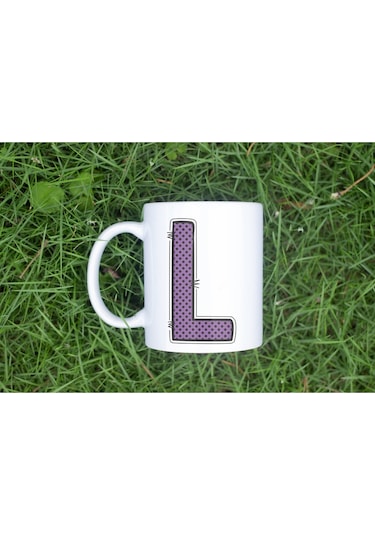L Harfi Mor Puantiyeli Kupa Bardak - Polka Dot Tasarım Kahve Çay Bardak - Kişiye Özel Hediyelik Beyaz