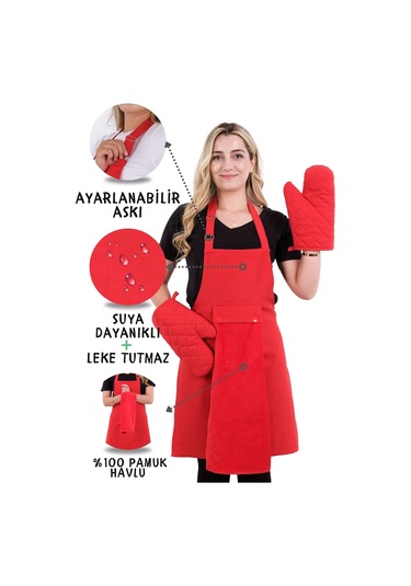 Star Ayar Askılı Havlulu 4lü Mutfak Önlüğü Seti 2 Eldiven Kırmızı-kırmızı-kırmızı