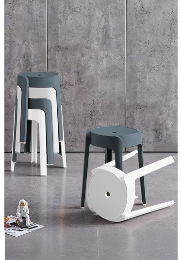 Kaymaz Ayaklı İçiçe Geçebilen Plastik Tabure6 Adet-antrasit Beyaz