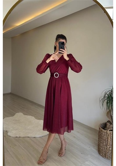 Neşeli Butik Kadın Kruvaze Yaka Tokalı Midi Boy Işıltılı Elbise Nm009 Bordo
