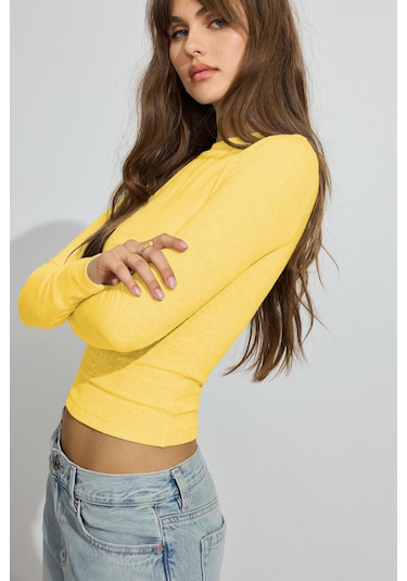 Madmext Sarı Bisiklet Yaka Slim Fit Kadın Body Mg2564 Sarı
