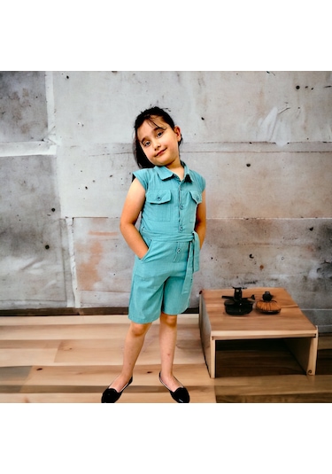 Esterella Düğmeli Cep Detaylı Mavi Kısa Tulum Mavi
