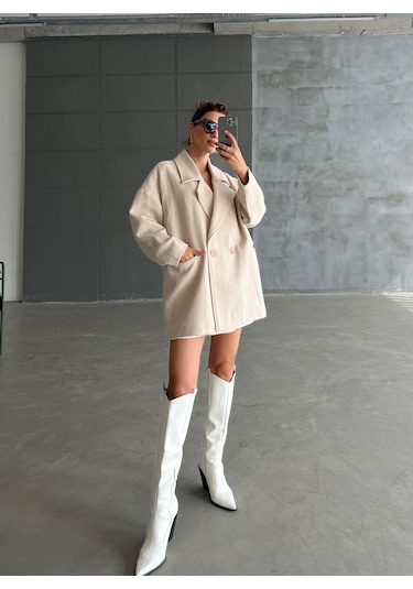 Laluvia Balıksırtı Oversize Kaban Taş Rengi Bej