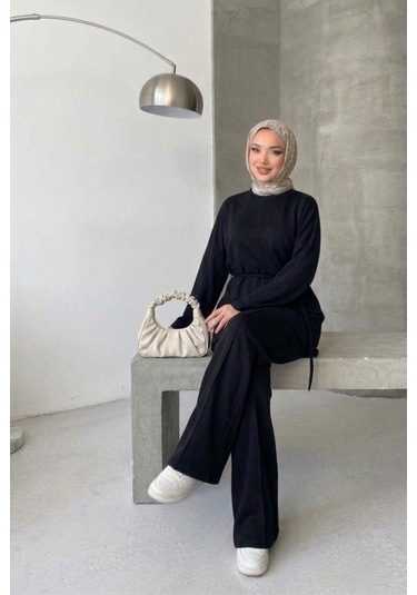 Thiff Tesettür Önü Bağlamalı Oversize Çimalı Modal Takım Siyah