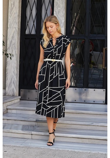 Kadın Yumuşak Dokulu İpeksi Modal Kumaş Hakim Yaka Beli Lastikli Önü Düğmeli Diz Altı Elbise-siyah Desen Siyah Dsn.