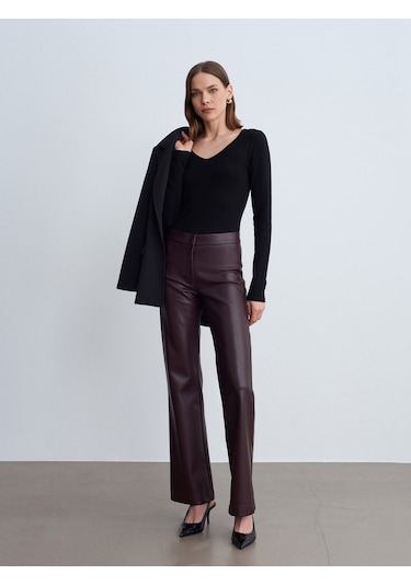 Dilvin 72237 Suni Deri Çan Paça Pantolon-bordo Bordo