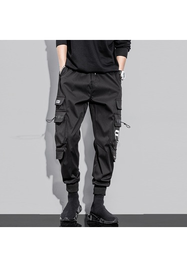 Sones Erkek Bağcıklı Pantolon Bol Kesim Pantolon Çoklu Cepli Siyah