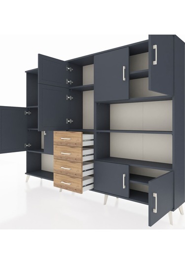 Arges Dolap 9 Raflı 4 Çekmeceli 8 Kapaklı 220x30x163 Antrasit-ant Antrasit-antrasit/çam