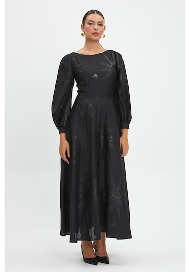 Parlak Yıldız Desenli Elbise - Zamansız Tasarım Ve Şık Detaylar Siyah