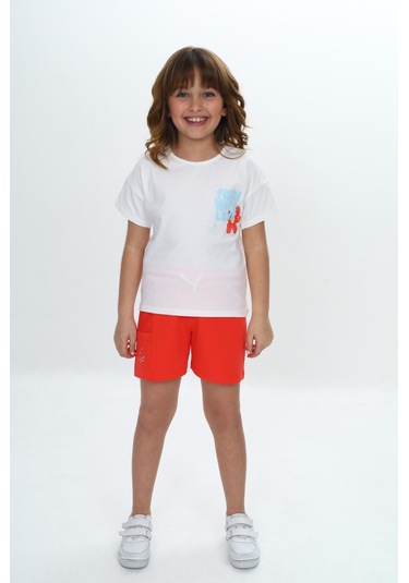 Toontoy Kız Çocuk Göğsü Çiçek Yazı Baskılı Şortlu Takım Narçiçeği