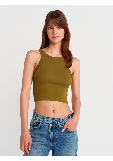 Dilvin 21104 Fitilli Crop Top-koyu Yeşil Koyu Yeşil