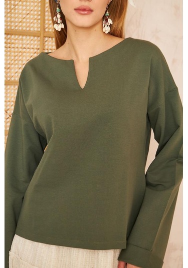 Kadın Ekstra Uzun Duble Kol / Yakası Yırtmaçlı Salaş Sweatshirt Bluz 3470190 Haki