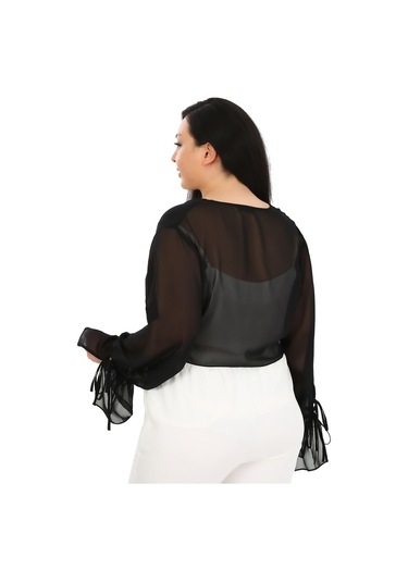 Büyük Beden Kol Detaylı Önü Çift Kat Bağlamalı Şifon Siyah Bolero Siyah