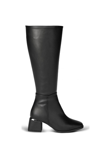 Kadın Topuk Detaylı Yandan Fermuarlı Uzun Çizme Siyah