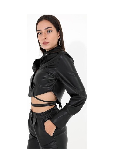 İçi Kadife Bağcıklı Kadın Kısa Deri Gömlek - Siyah-siyah Siyah