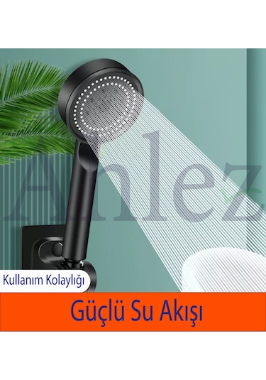 Maxima 5 Fonksiyon Duş Başlığı + Siyah Pvc Hortum + Siyah Mafsal Mat - Siyah