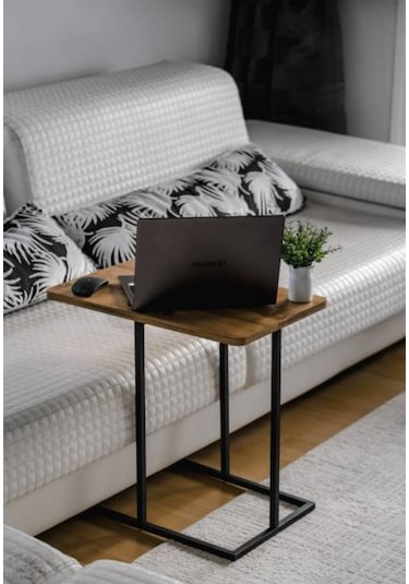 Metal Yan Sehpa Ahşap Raflı Koltuk Yanı Servis Sehpası C Sehpa