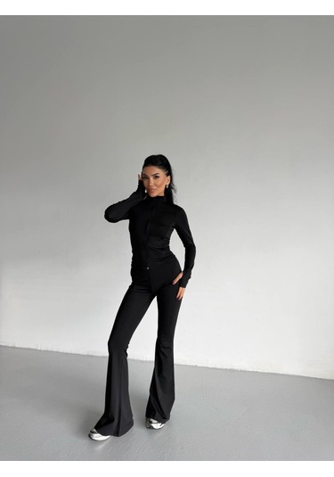 S-pazarım Kadın Balıkçı Yaka Cep Detaylı Ceket Ve Ispanyol Paça Spor Ikili Takım Siyah