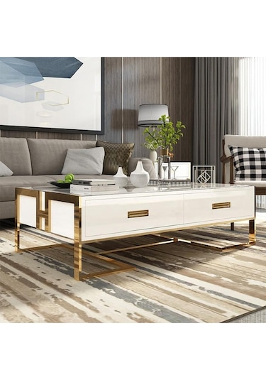 Barbara Gold Metal Beyaz Orta Sehpa