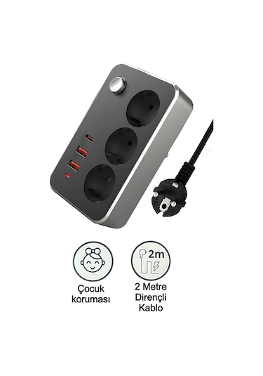 3lü Priz 2500 Watt Akım Korumalı 2m Uzatma Kablosu 2xusb 1xtype-c Diğer