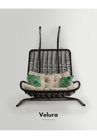 Konfor Bahçe Salıncağı Çift Kişilik - Kahve Rattan Krem Minder Kahverengi