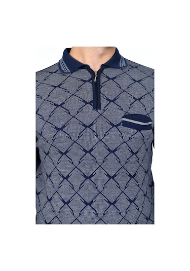 Kamalı Erkek Çelik Örgü Gömlek Yaka Cepli Fermuarlı Polo Yakalı Tüylenmeyen Triko Kışlık Baba Kazak Lacivert
