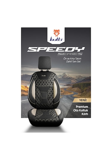 Siyah - Bej Garni Buttı Speedy Serisi Premium Oto Koltuk Kılıfı Ortopedik Destekli, Ön Arka Tam Set, Aırbag Uyumlu