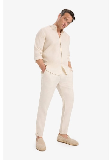 Defacto %100 Keten Normal Kesim Crop Duble Paça Yazlık Kumaş Pantolon C1826ax25smbg106 Bej