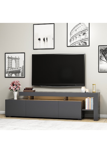 Beliz Modern LED Işıklı 3 Kapaklı, Raflı TV Sehpası – 192 cm, Antrasit