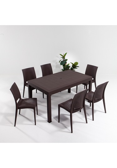 Rattan Dikdörtgen Kahve Masa Takımı 1 Masa + 6 Sandalye Bahçe Balkon Teras Kahve