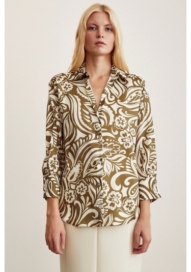 Never More Çiçek Desenli Gömlek Haki