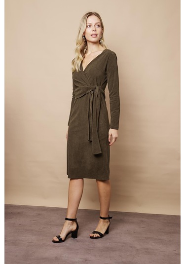 Kadın Kadife Kumaş Kruvaze Anvelop Bağcıklı Uzun Kol Diz Altı Elbise-haki Haki