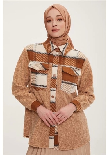Armine Ekose Garnili Peluş Ceket 22k5005 Gri Camel