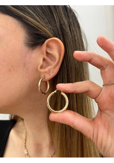 Altın Nesil - 14 Ayar Altın Geçme Kumlu Büyük Boru Halka Küpe Altın - Beyaz Altın