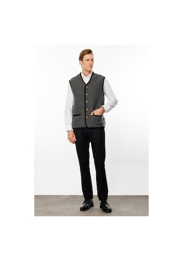 Erkek V Yaka Astarlı Saf Yün Keçe Yelek Füme Füme