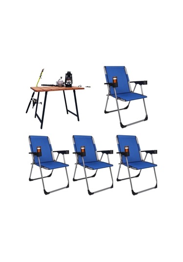 Alin Metal 4''lü Lüks Bardaklı Kamp Sandalyesi Ve Masa Set Mavi Mavi