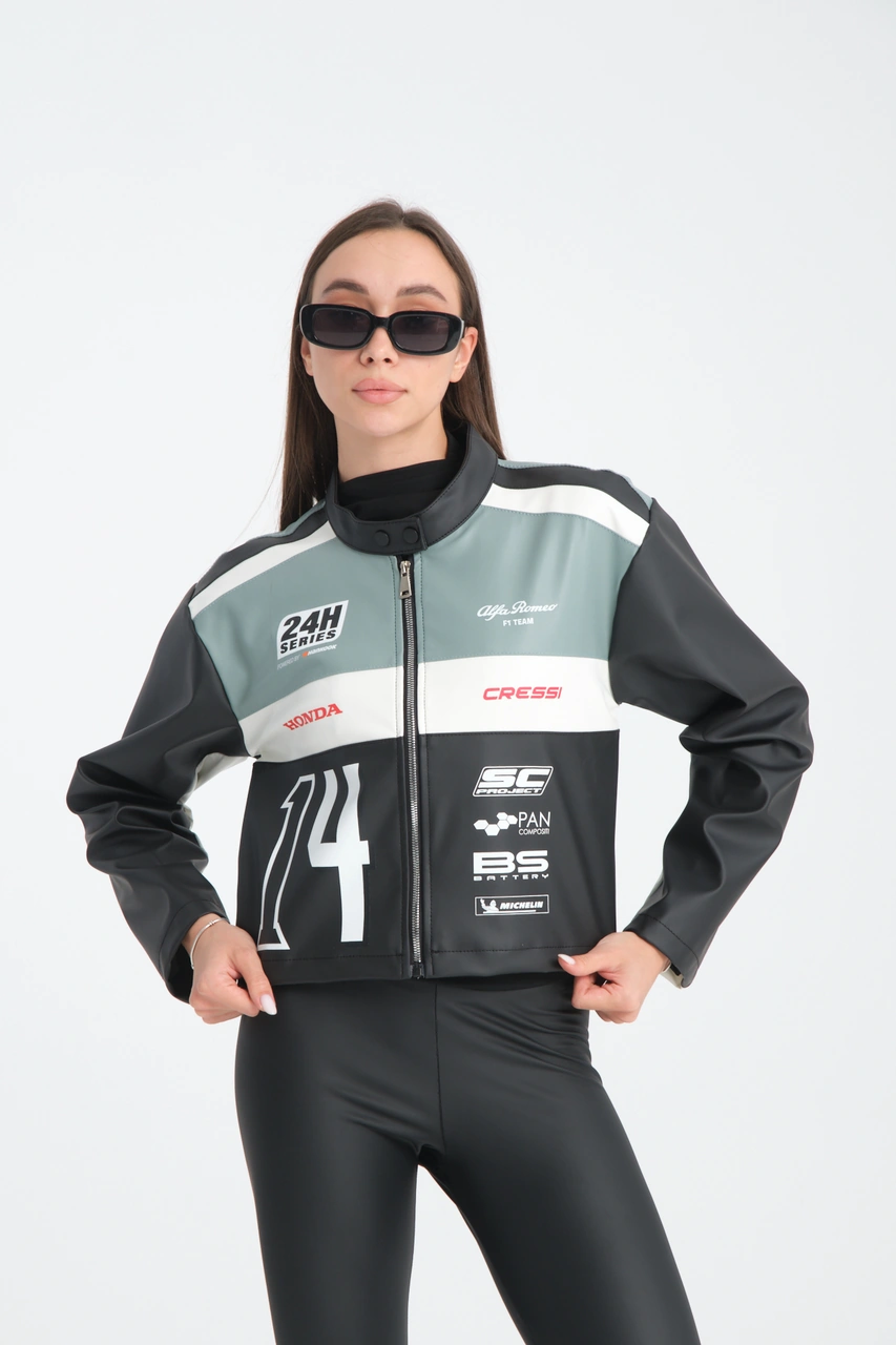 Kadın Oversize Baskılı Deri Şeritli Motorcu Montu Garnili Fermuarlı Yarışçı Ceketi Bomber Kolej Mont Mint Yeşili