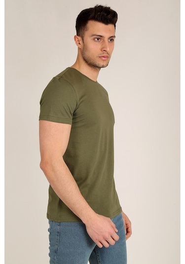 Erkek Haki Slim Fit Bisiklet Yaka Basic T-shirt Haki