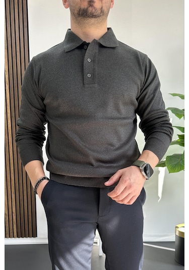 Erkek Düğmeli Polo Yaka Kazak Antrasit Edw231 Antrasit