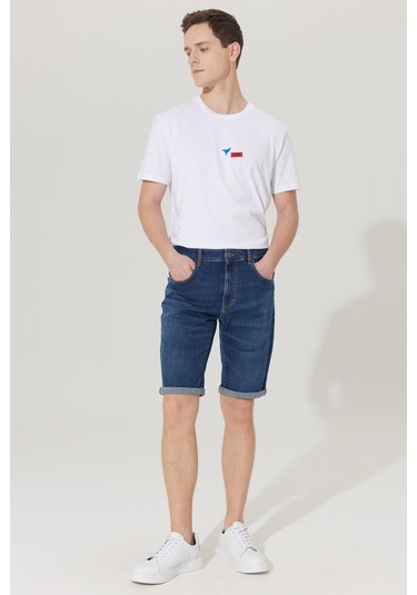 Ac&Co / Altınyıldız Classics Erkek K.Mavı Slim Fit Dar Kesim Pamuklu Esnek Denim Şort Koyu Mavi