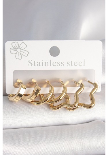 316l Çelik Gold Renk Yıldız Halka Model Kadın Küpe Seti Çok Renkli