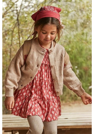 Kız Çocuk Balon Kol Jakar Desenli Triko Hırka - Bej Krem
