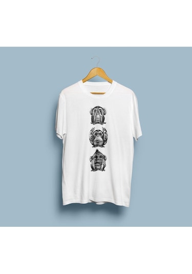 Oversize Siyah Beyaz Üç Maymun Tasarım Unisex T-shirt Beyaz