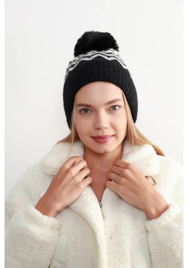 Zigzag Desenli Kadın Bere Rkş-19 Beyaz Siyah Siyah