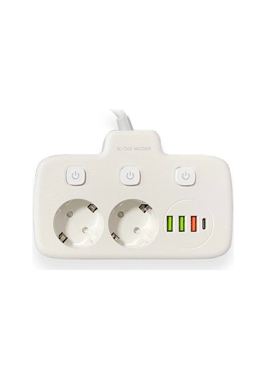 Akım Korumalı 2 Li Ayrı Anahtarlı Priz, 2x Priz, 3x Usb, 1x Type-c, 2 Mt Kablo, Hızlı Şarj 1