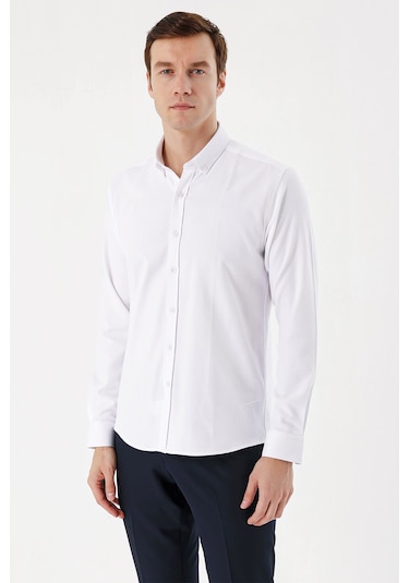 Morven Erkek Beyaz Trend Jakar Desen Düğmeli Yaka Slim Fit Gömlek 24mc004005600 Beyaz Beyaz